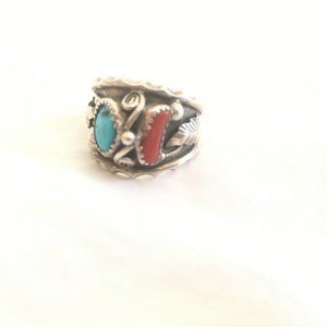 Signed Sterling Silver Turquoise & Coral Ring Size